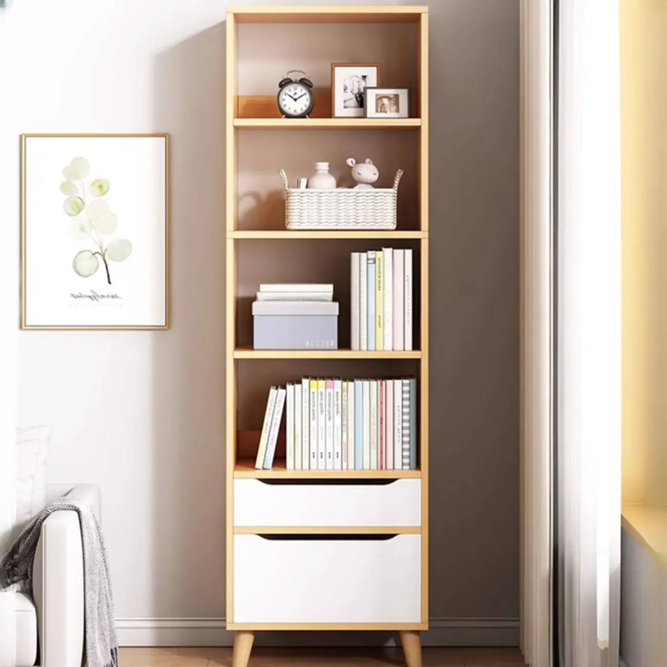 Tall Gray 4-Tier Open Back Wood Bookshelf with Drawer