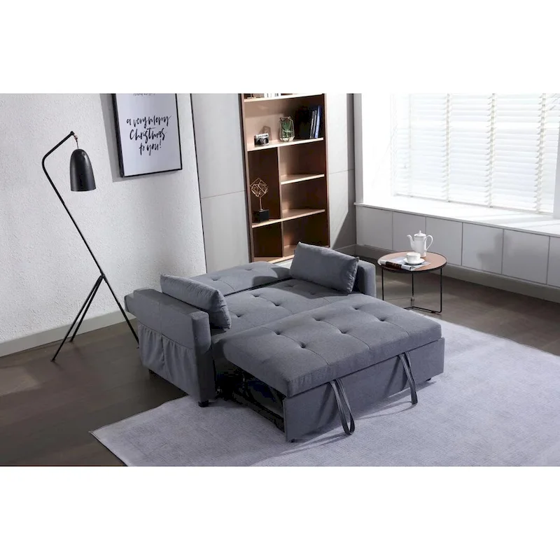 Light Grey Linen Fabric 3-In-1 Convertible Sleeper Loveseat With Side Pocket