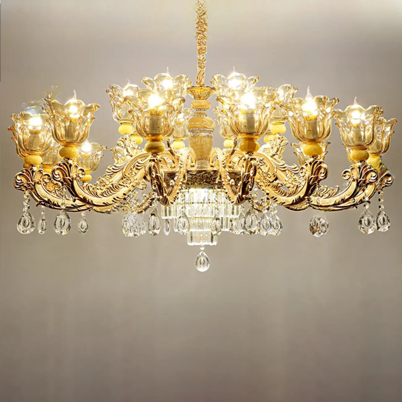 Adjustable Luxury Gold Flower Shape Clear Glass Chandelier