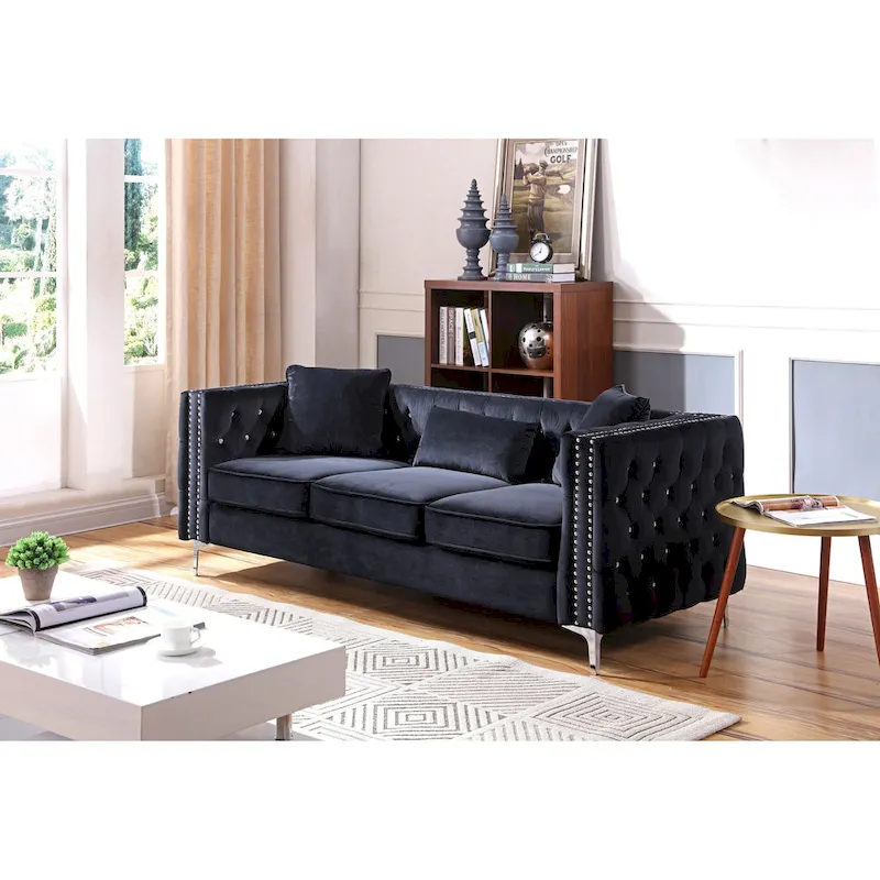 Tufted Velvet Sofa - Blue, 3-Seater, Track Arms, 2 Throw Pillows, 86W x 30H, Contemporary