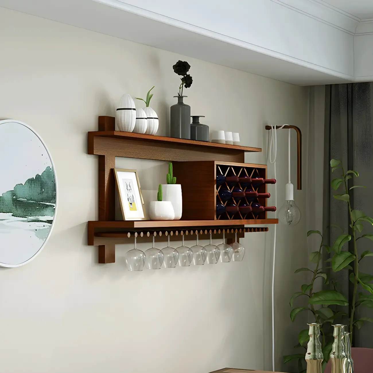 Pine Wooden Wall-Mounted Display Open Wine Bottle & Glass Rack