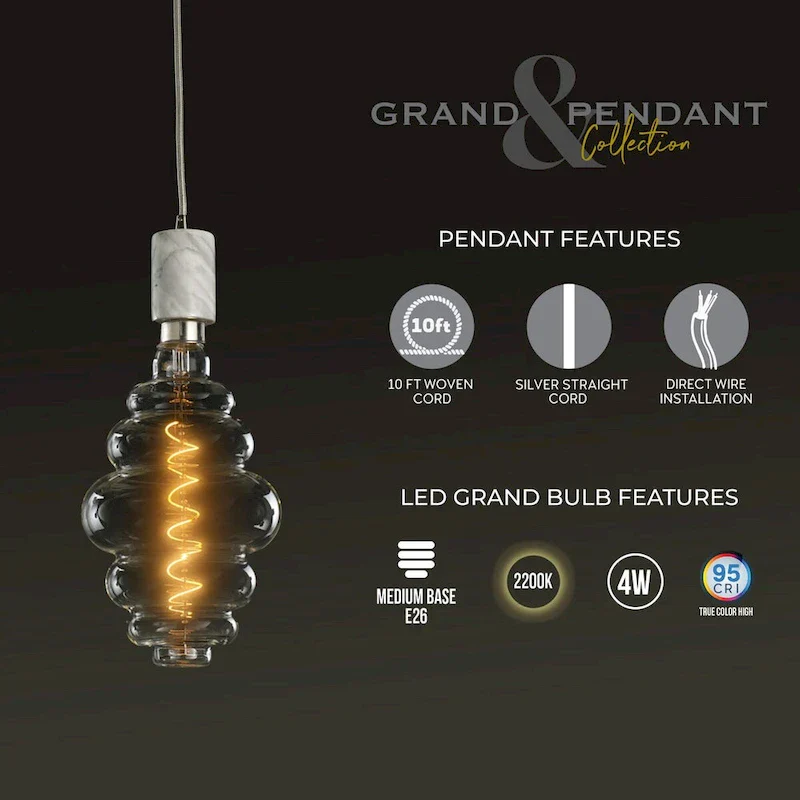 Bulbrite LED Grand Bulb and Pendant Kit of (1) 4 Watt Clear Glass 15  Beehive Shaped Bulb