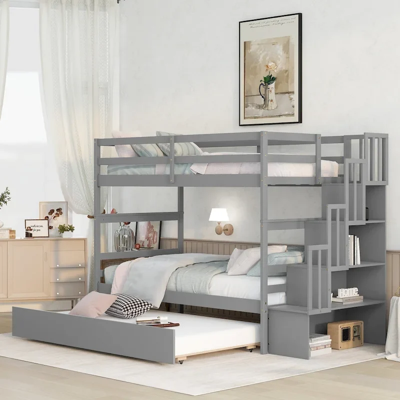 Twin over Twin Bunk Beds With Twin Trundle and Stairway Storage Function in Grey Color