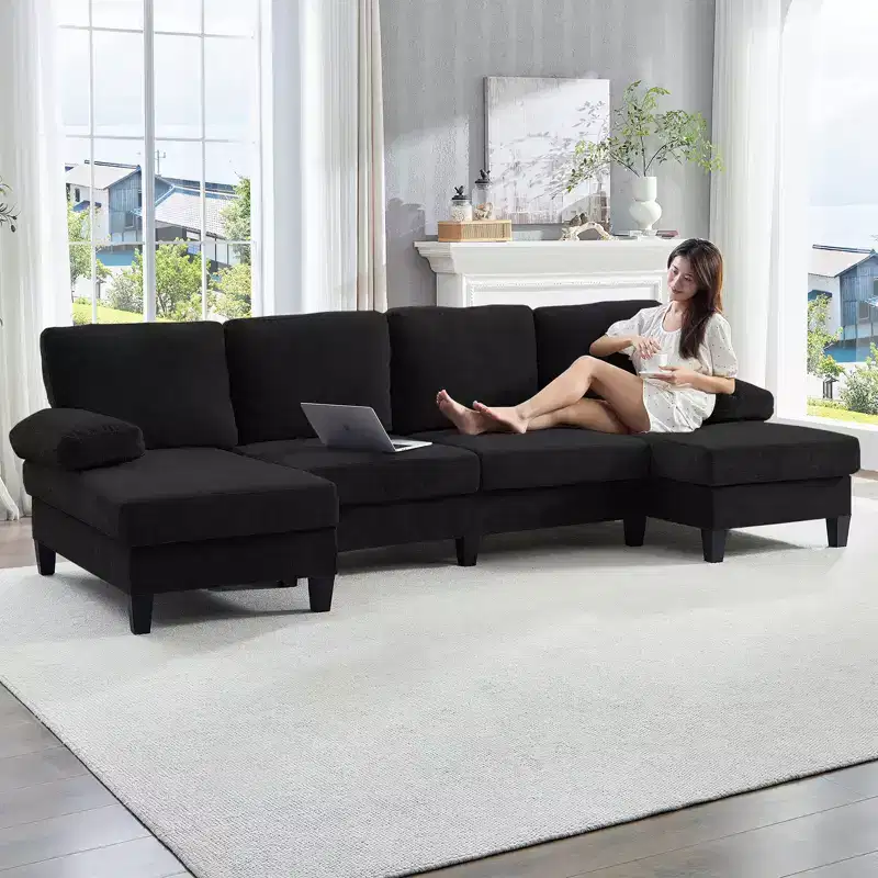 Mjkone 110U-Shaped Sectional Couches,Chenille Upholstered Large 4-Seater Sofa with Double Chaises and Sleepable Armrests