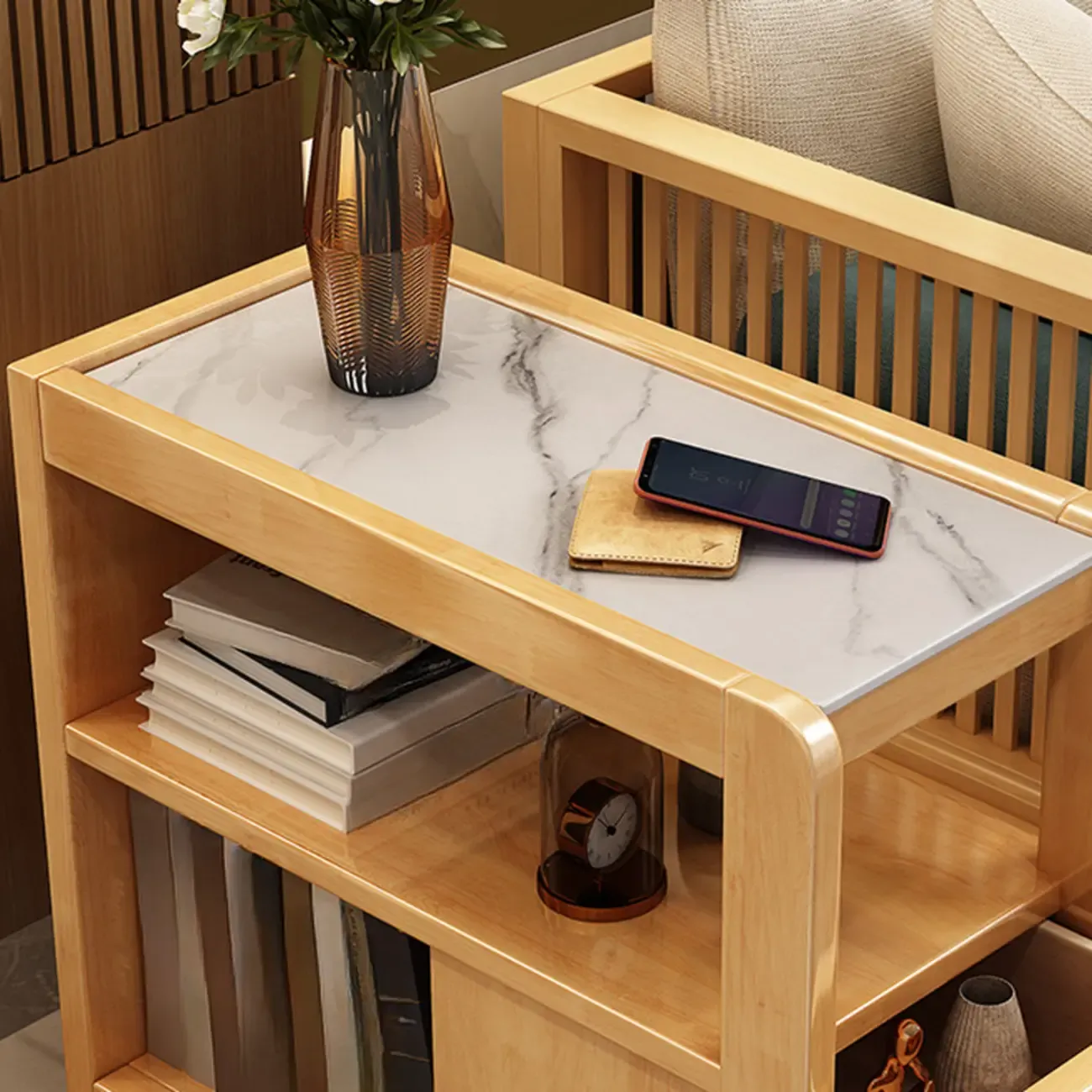Narrow Sintered Stone Top Wheeled Side Table with Drawers