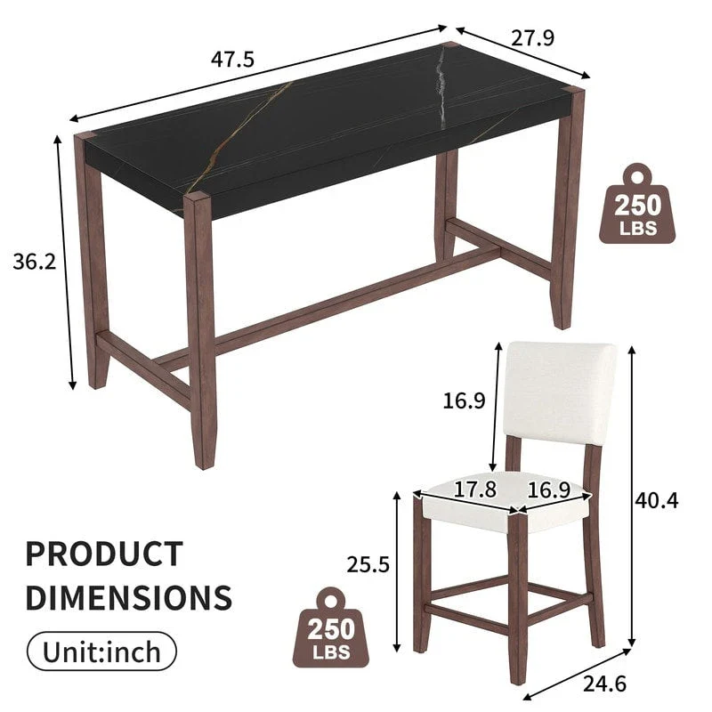 Modern 5-Piece Counter Height Dining Table Set, Faux Marble Bar Table and 4 Upholstered-Seat Chairs
