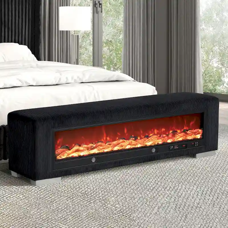 Furniture of America Goffney Chenille Bench with Fireplace Simulator and Bluetooth Audio