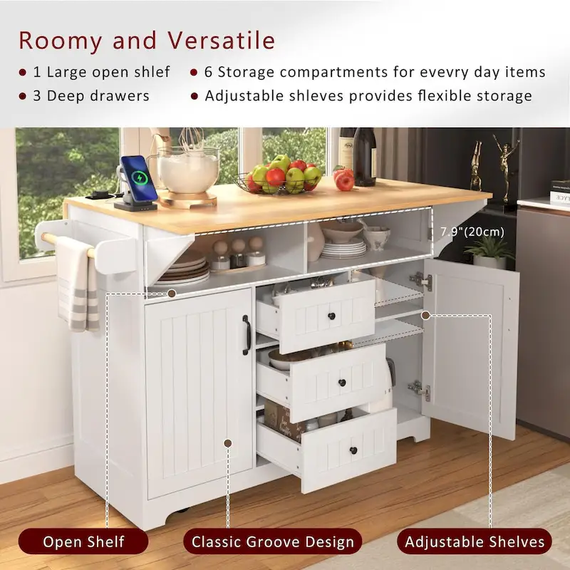 55.7Kitchen Island,2 Drop Leaf,Rolling Kitchen Cart on 5 Wheels,Power Outlet,Folding Dining Table,Spice & Towel Rack,3 Drawers