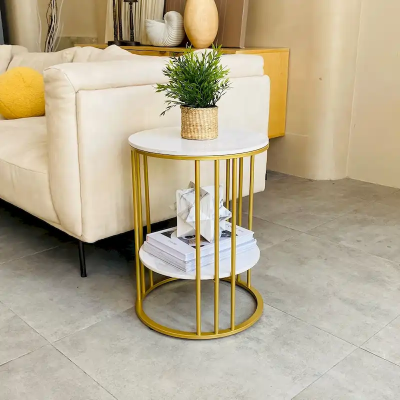 2 Tier Round Sintered Stone End Table Sofa Side Table with Golden Frame