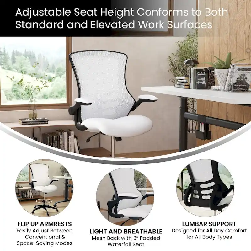 Mid-Back Ergonomic Drafting Chair with Adjustable Foot Ring and Flip-Up Arms