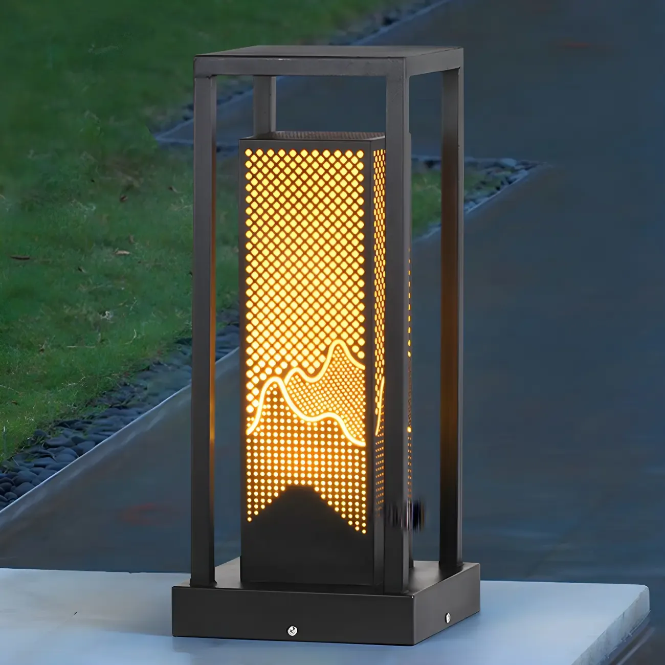 Black Metal Grid Wired Rectangle Post Cap Light