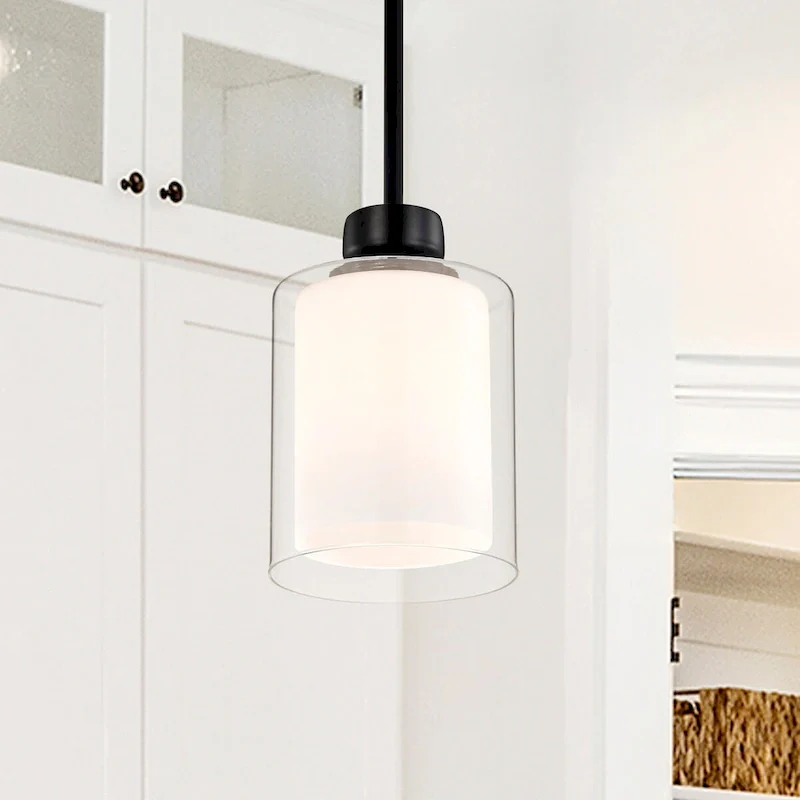 Daley 1-Light Matte Black Double Shaded Mini Pendant Light with Clear Glass and White Glass Shades