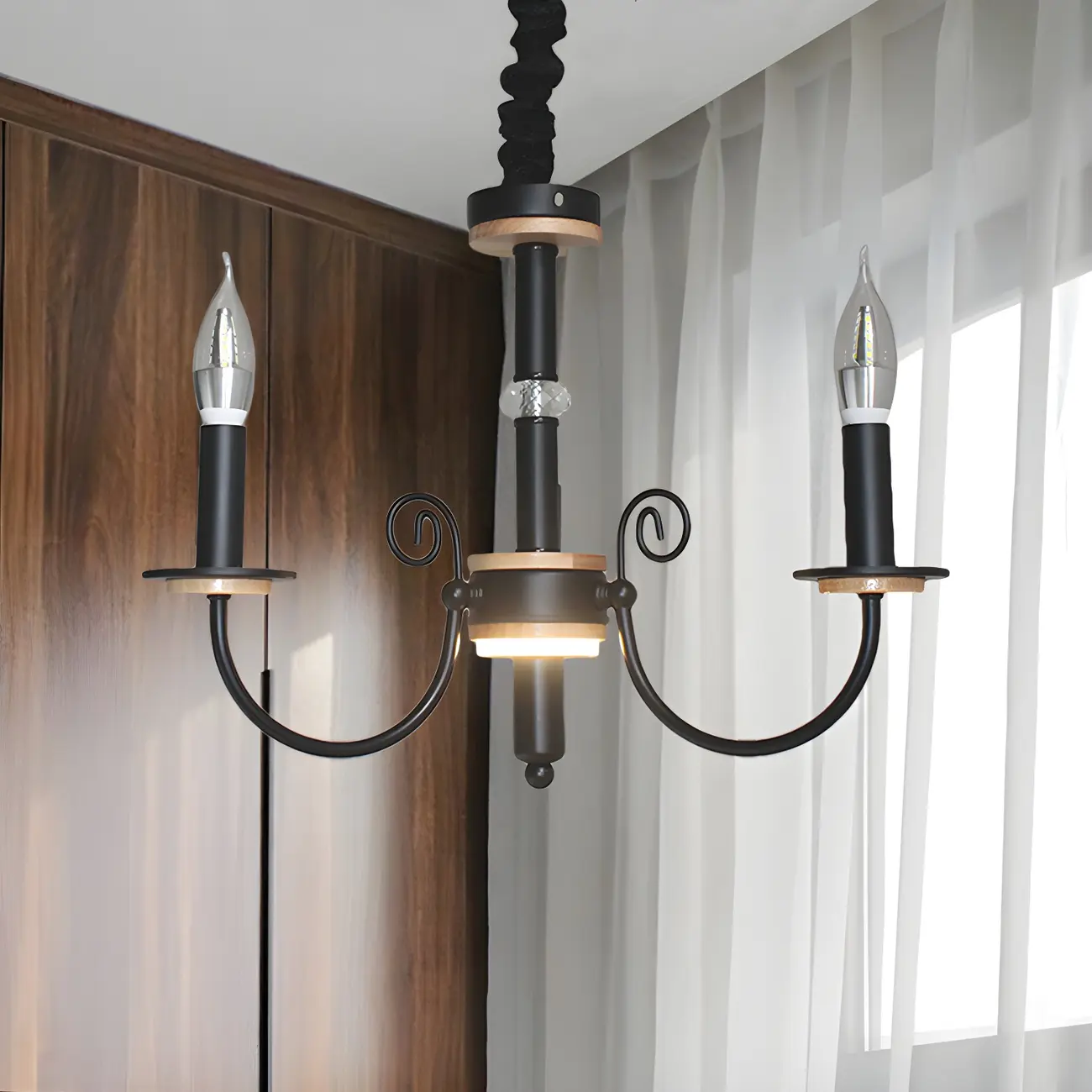 Traditional Rustic Black Metal Candle Chandelier