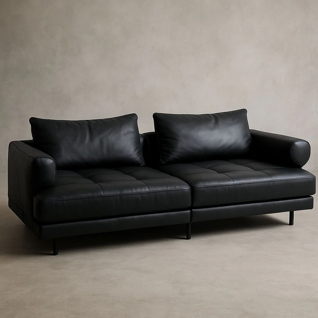 Canapé en cuir synthétique noir 2 places avec cadre en bois et pieds en métal