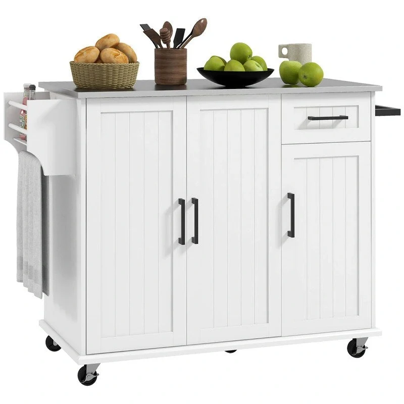 50.5Kitchen Island Rolling Kitchen Cart on Wheels with Drawer,3 Cabinets,Stainless Steel Countertop,Spice Rack and Towel Rack