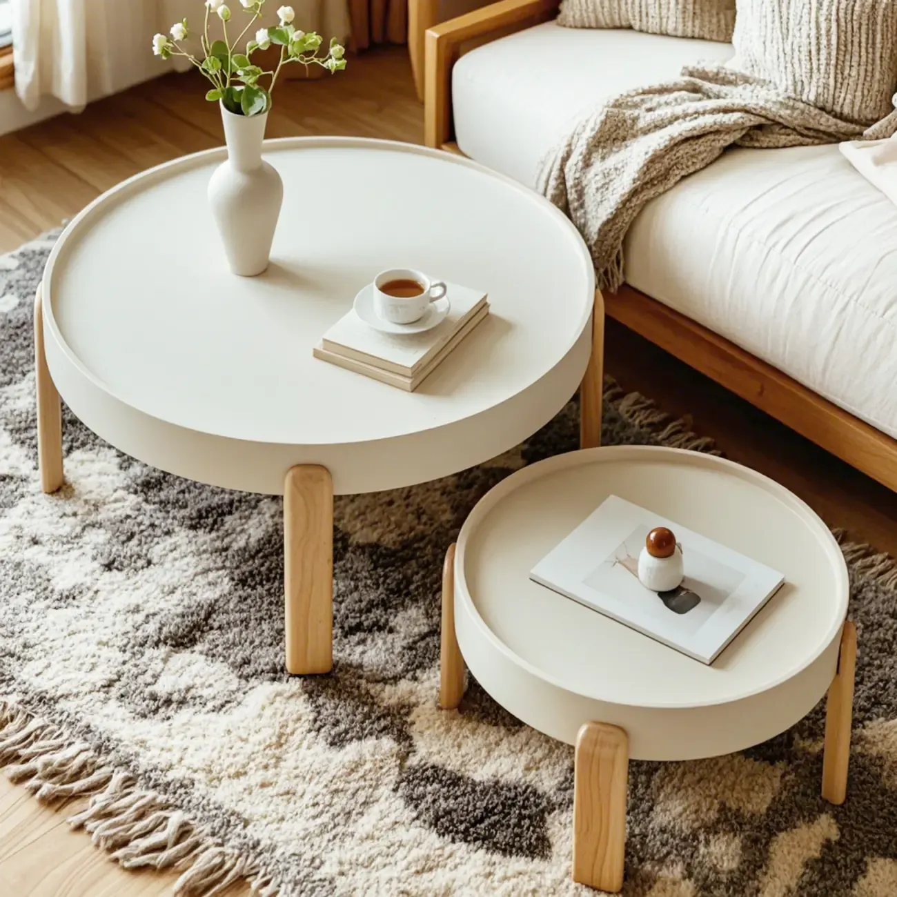 Minimalistic Beige Wood Round Coffee Table with Tray Top