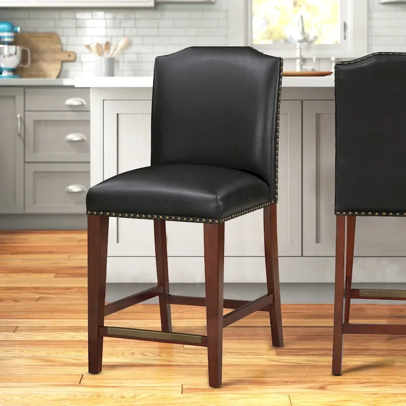Stationary Faux Leather Counter Stool with Nail Head Trim, Modern Bar Stool