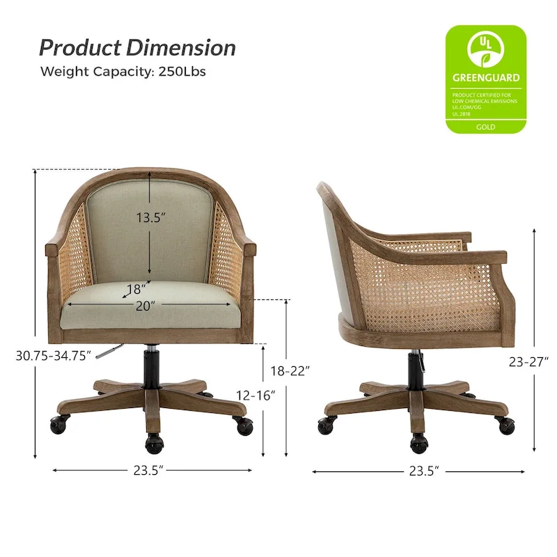 Farmhouse-Style Rattan Office Chair — 360° Swivel, Adjustable Height, Rubberwood Construction