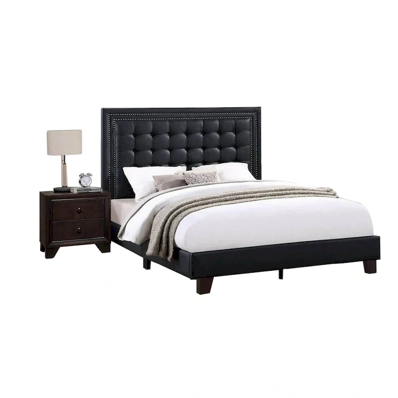 Vea Platform California King Bed, Tufted Upholstery, Black Faux Leather