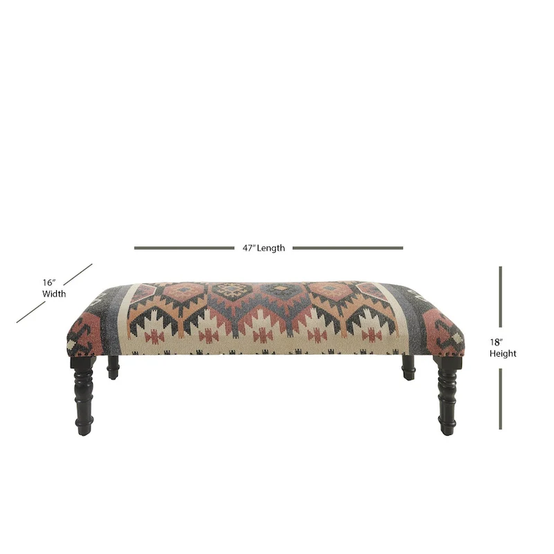 47 Beige Brown and Rust and Black Jute and Wool Blend Upholstered Southwest Distressed Bench - 47 x 18 x 16