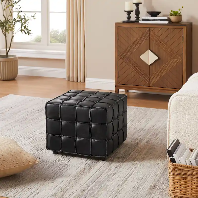 Art Leon Top Grain Leather Square Pouf Ottoman