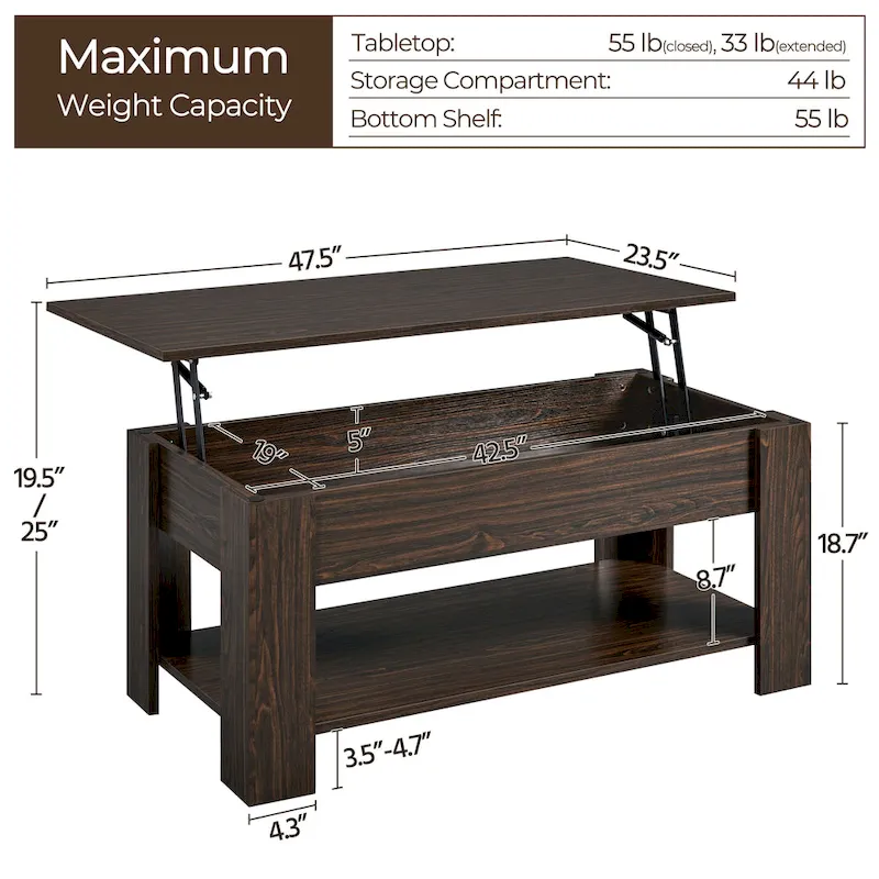 Yaheetech 47.5 Lift Top Coffee Table, Hidden Compartment/ Open Shelf