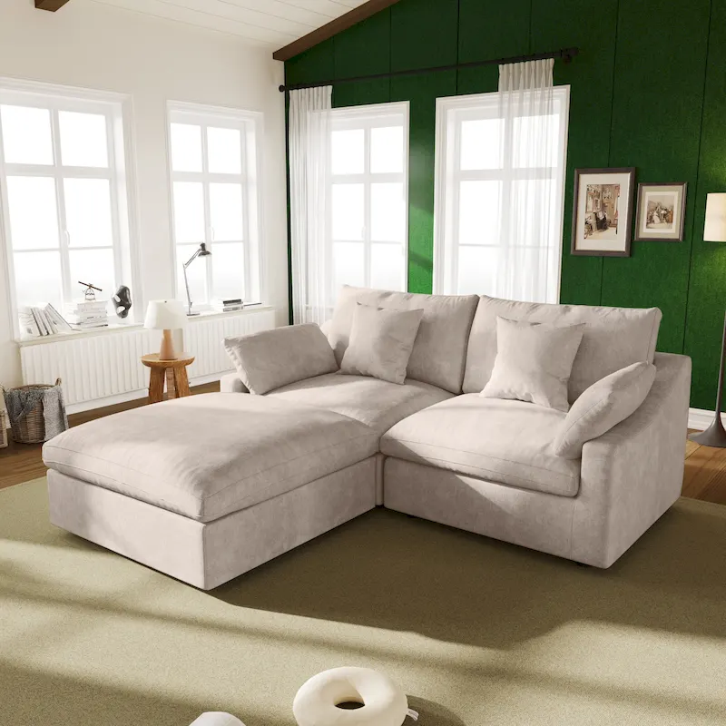 82.68 Down Filled Sectional Couch L-shape Linen Upholstered Loveseat with Ottoman