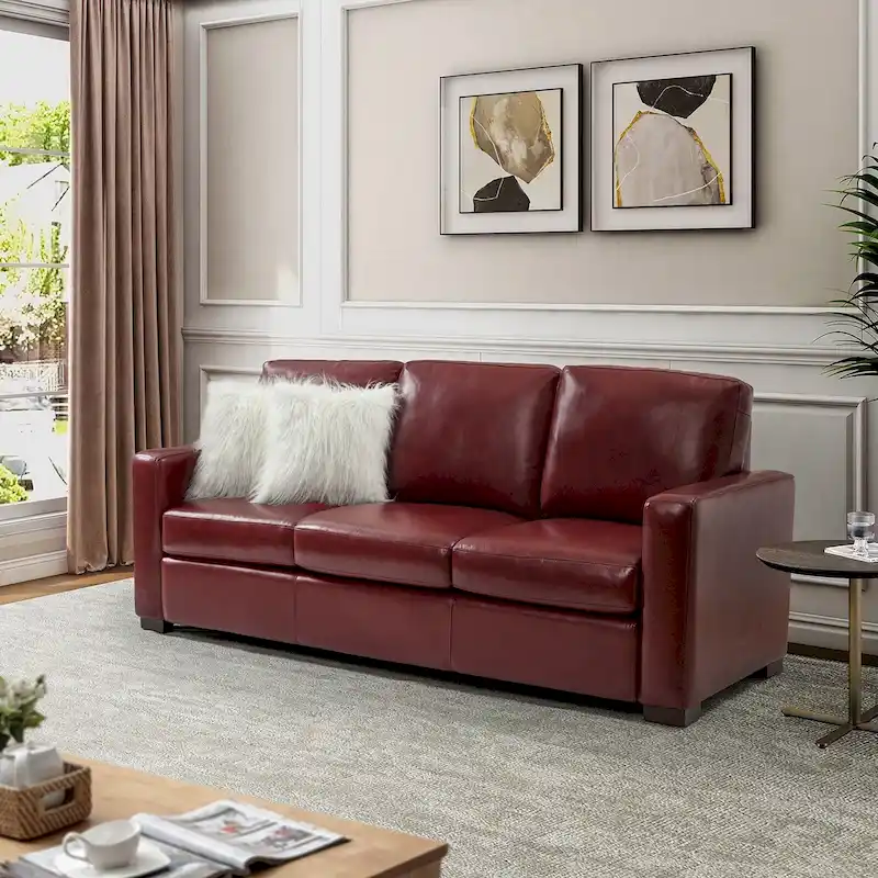 Ernando 83.46 Wide Genuine Leather Sofa with Squared Arms and Pillows