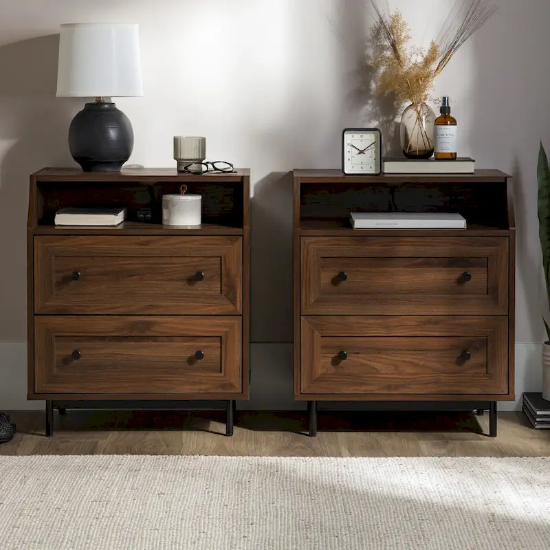 Set of 2 Modern Nightstands with 2 Drawers & USB Ports, 22"W x 16"D x 26"H, MDF, Contemporary