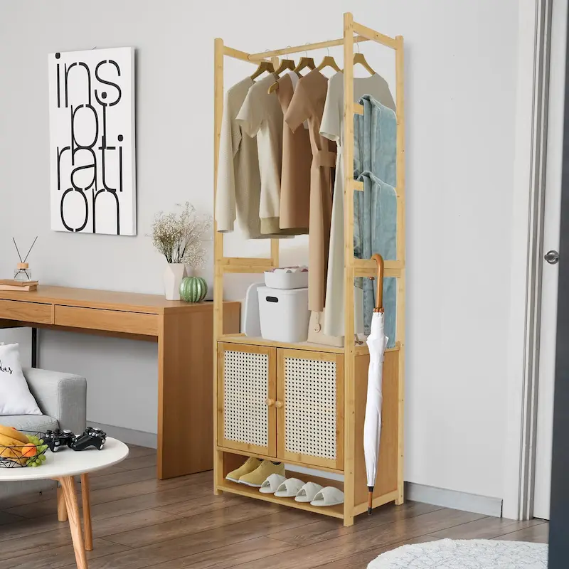 Bamboo Garment Rack with Clothes Rail Storage Organiser Freestanding - 21 x 13 x 66