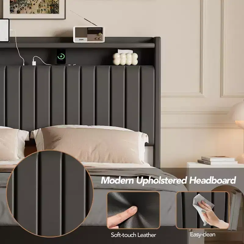 GustoWave Floating Bed Frame, with LED Lights & Charging Station