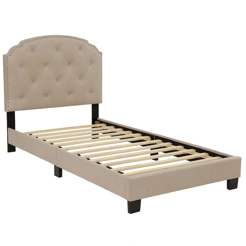 Light Brown / Charcoal / Light Grey Button-Tufted Platform Twin Bed Frame – Single
