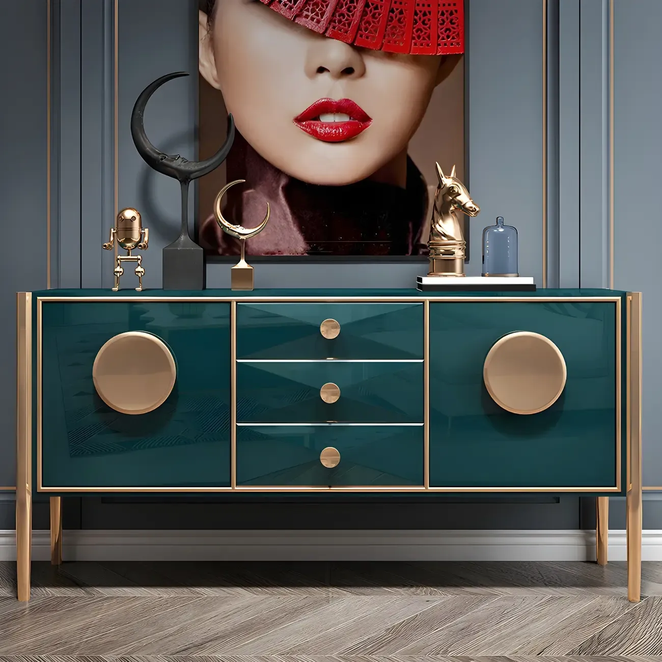 Modern Glossy Wooden Buffet Table with Drawers & Cabinets