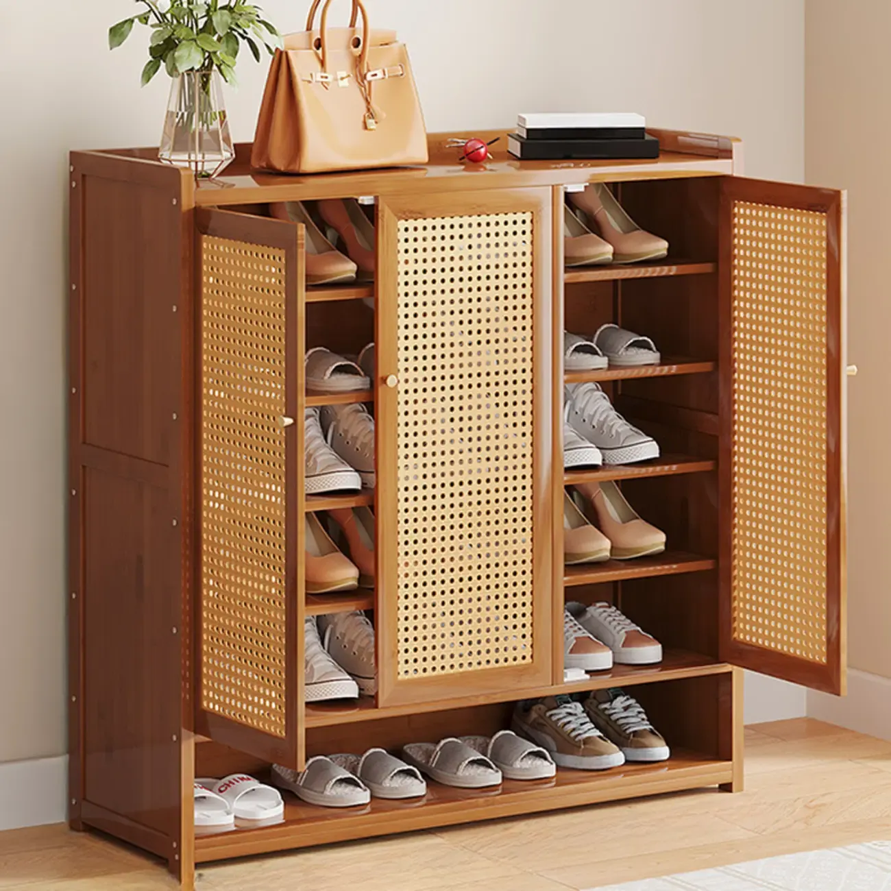Bohemian Bamboo Entryway Shoe Cabinet with Rattan Doors