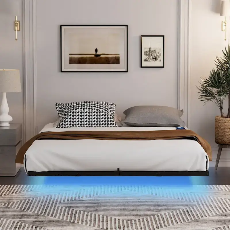 Modern Floating Bed with LED Lights, Charging Station & Metal Frame