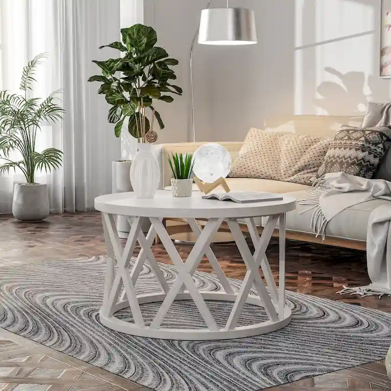 COZAYH Farmhouse End Table, Rustic Round Coffee Table with X-Motifs Legs, Wood Textured Top for Boho, French Country Decor