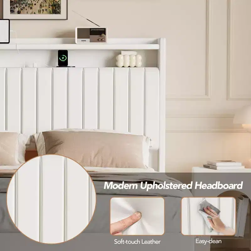 GustoWave Floating Bed Frame, with LED Lights & Charging Station