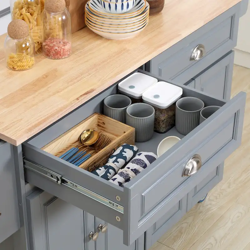 Rolling Kitchen Island, Drop-Leaf, Rubberwood Top, 2 Drawers & 2 Cabinets, 4 Wheels, 57.5