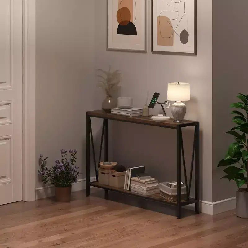 2-Tier Narrow Console Sofa Side Table, Premium Entryway Furniture, 42.9 x 9.8 x 29.9 (Gray )