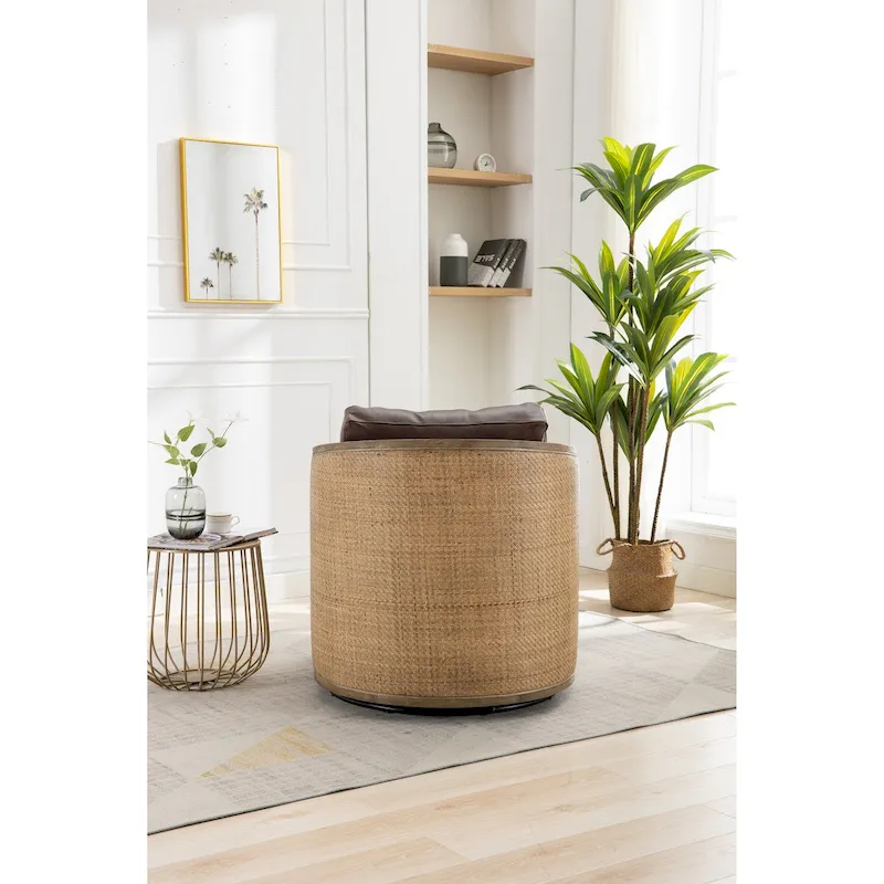 Swivel Barrel Chair, Comfy Round Accent Chair, 360 Degree Swivel Barrel Club Chair, Leisure Arm Chair with Rattan Woven Frame