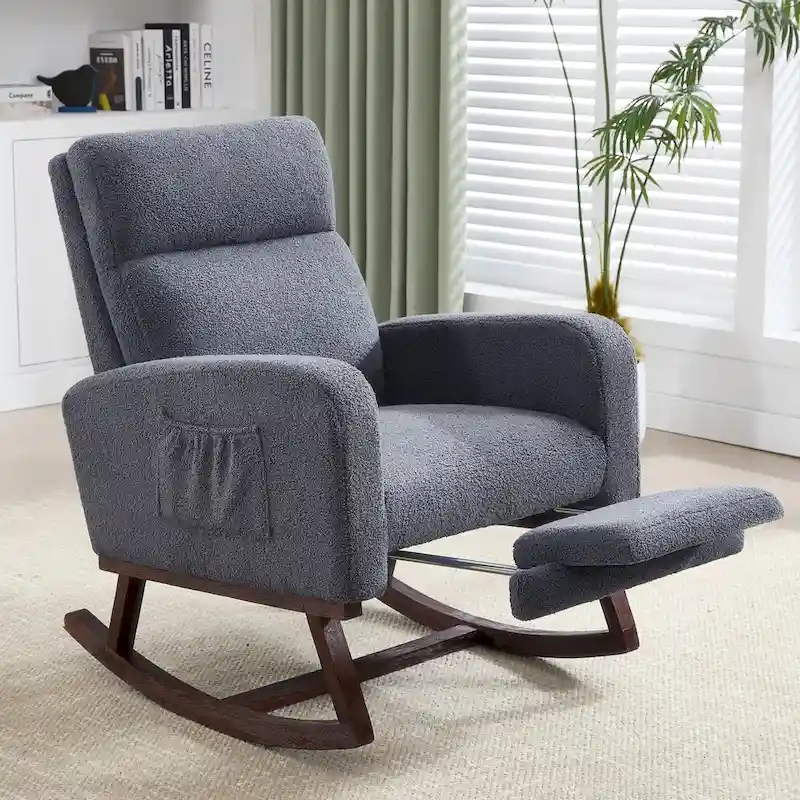 Linen Rocking Chair with Footrest and Side Pocket