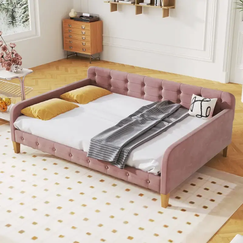 Full Size Upholstered Daybed with 4 Support Legs,Pink