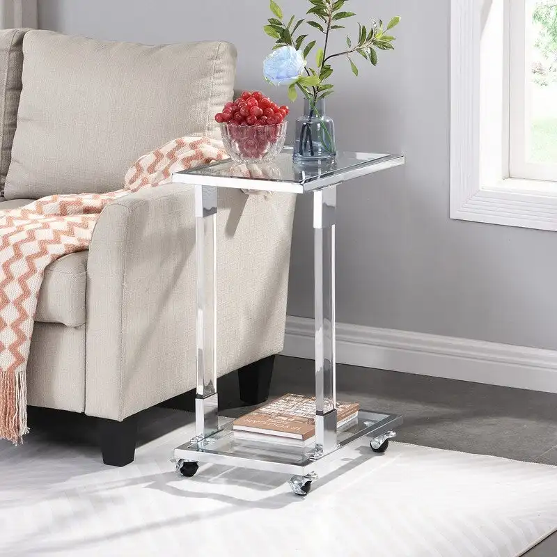 Grondin Modern Contemporary C-Shaped Side Table Snack Table with Tempered Glass, Steel and Acrylic Frame, Lockable Casters