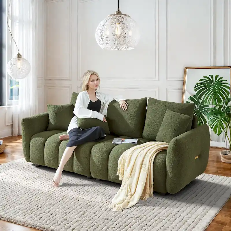 Ouyessir Overstuffed Upholstered Deep Seat Soft Fabric Sofa with 3 Pillows