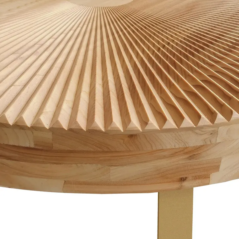 Modern Round Coffee Table with Wooden Carving Pattern and Metal Legs