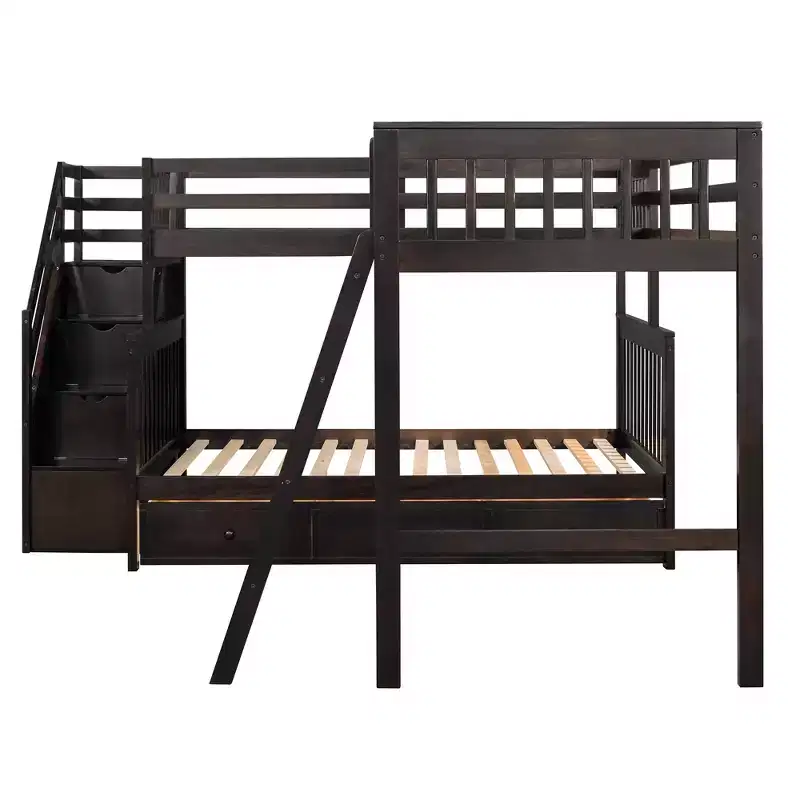 Stylish Design Twin over Full L-Shaped Bunk Bed With 3 Drawers, Ladder and Staircase