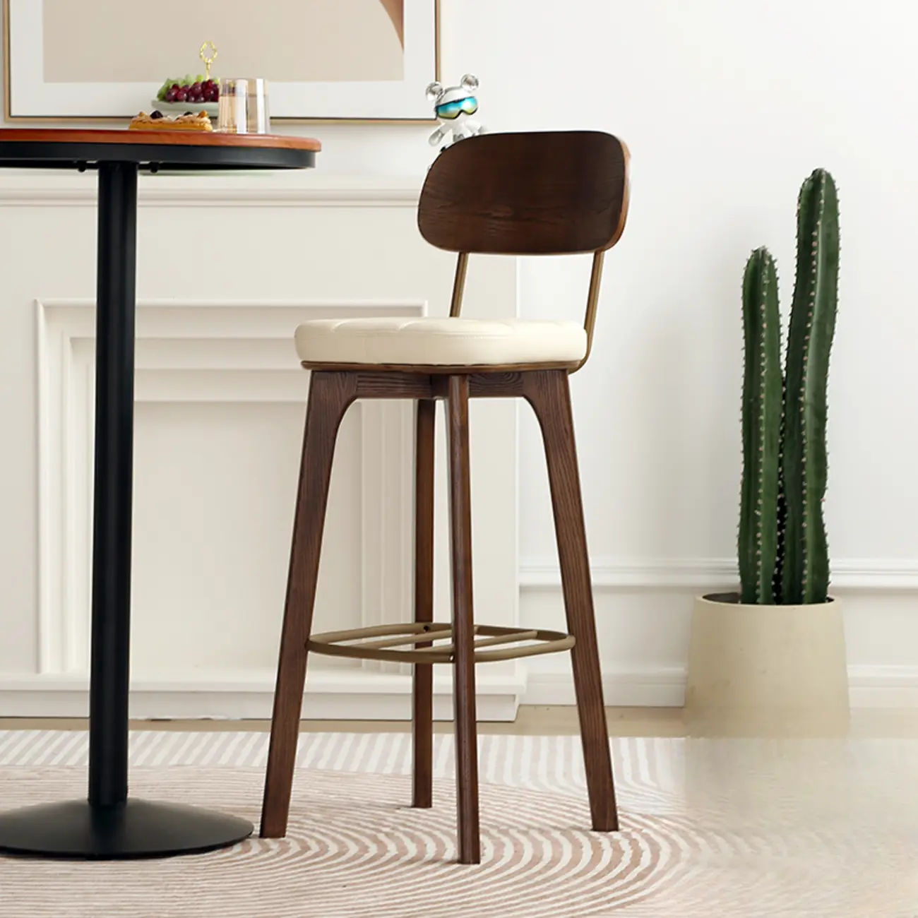 Wooden Square Leather Upholstered Bar Stool with Backrest