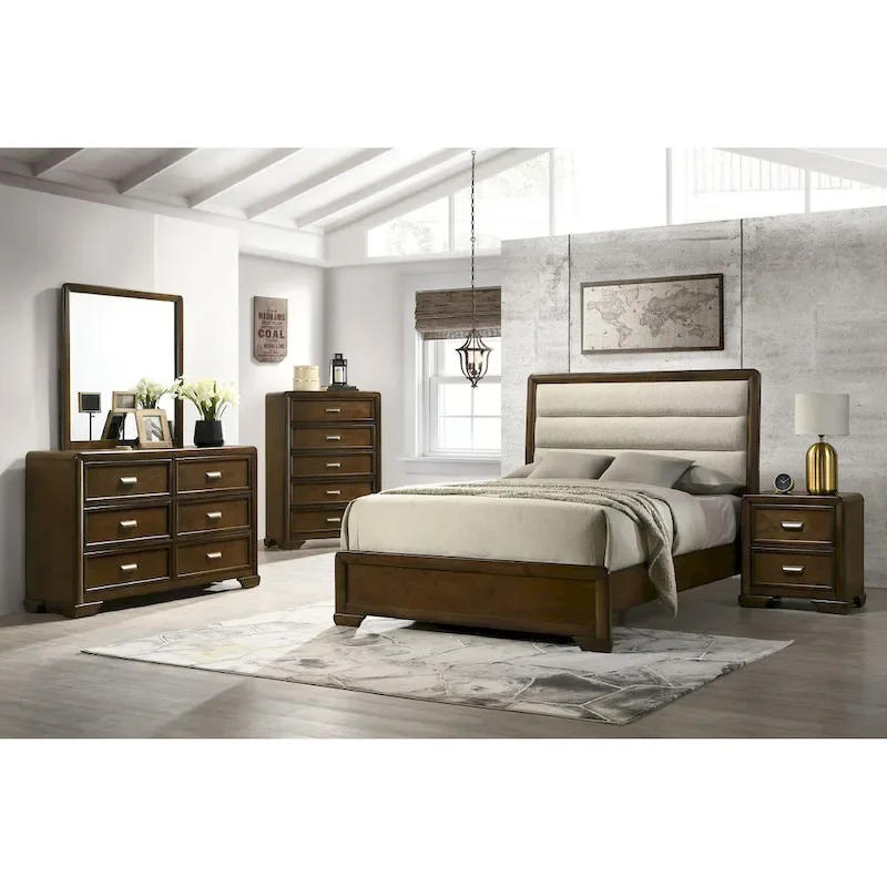 Jimmy 4 Piece Brown Beige Upholstered Panel Bedroom Set