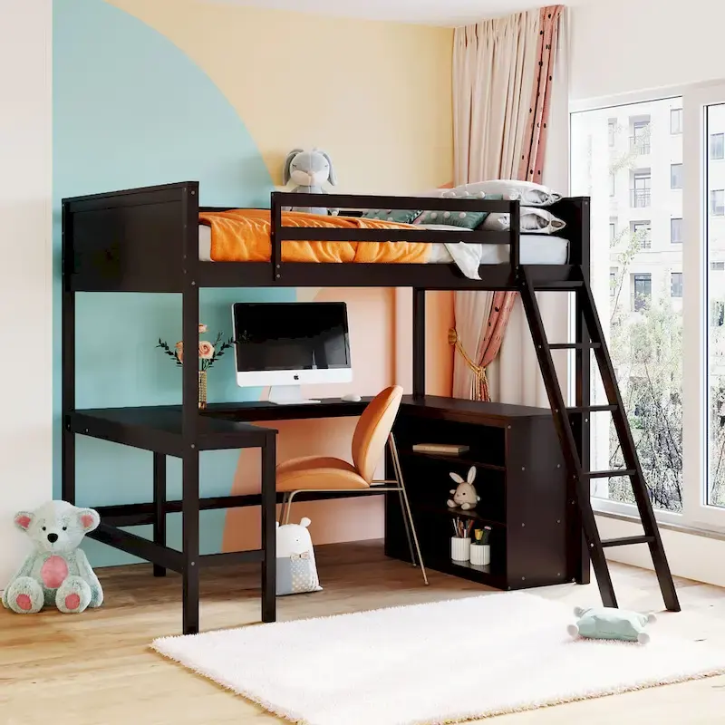 Full size Loft Bed with Shelves and Desk, Wooden Loft Bed with Desk