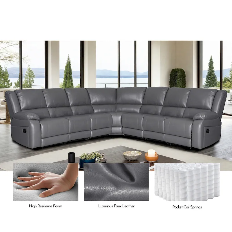 129W 7-Seat Faux Leather Manual Recliner Large Sectional Reclining Sofa